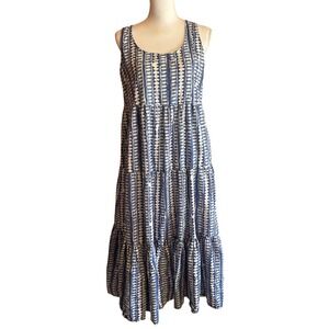 BECASA Blue White Tiered Maxi Dress L/XL, coastal, minimalist, bohemian, artisan